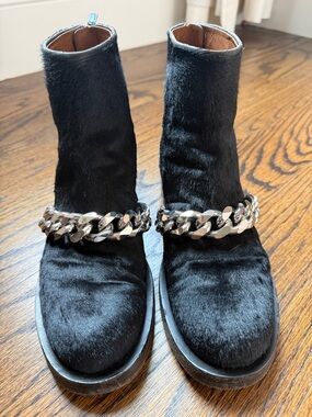 GIVENCHY pony hair ankle boots with silver curb chain